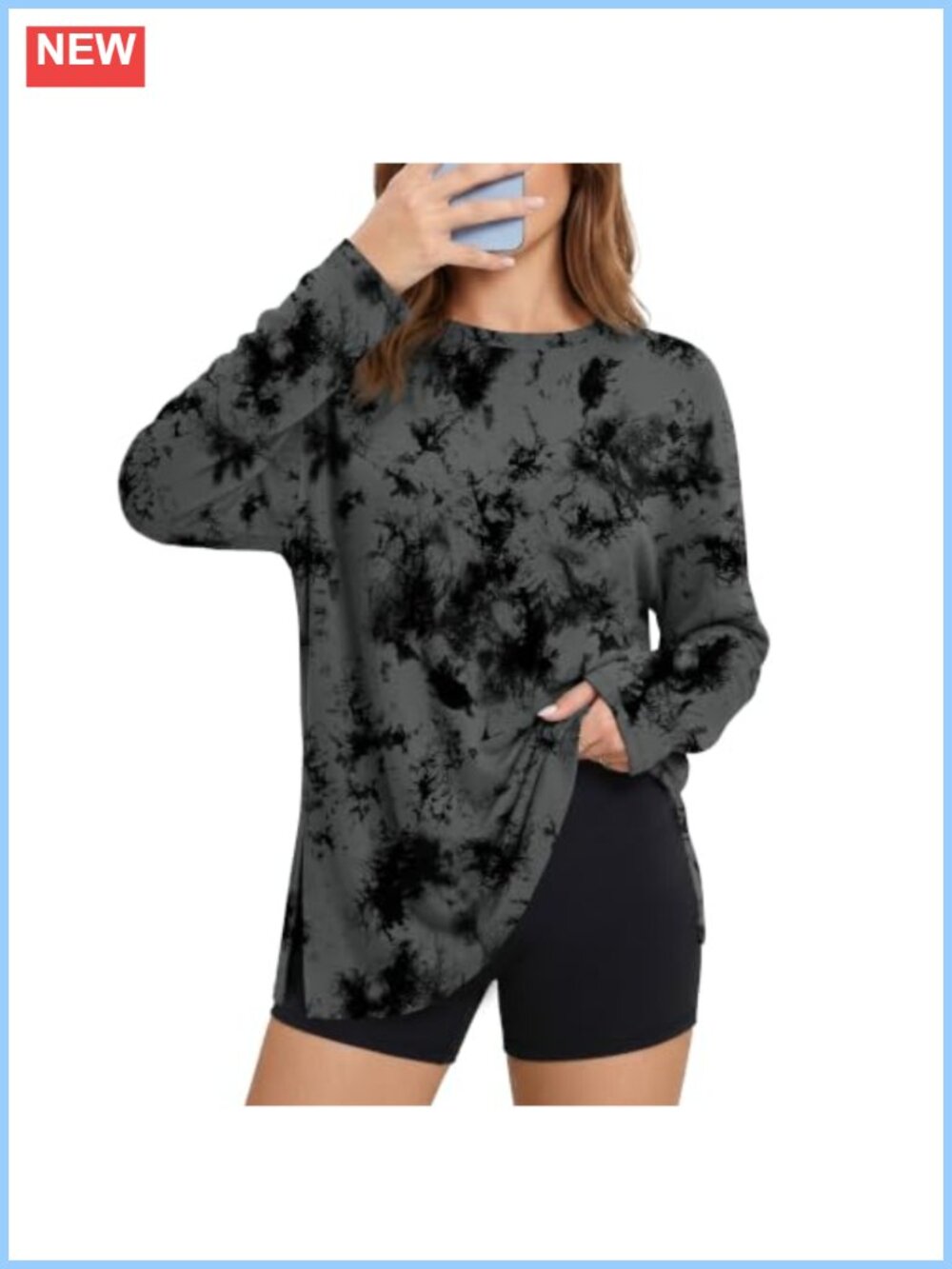 Oversized Long Sleeve Crew Neck Tee Soft Stretch Side Slits